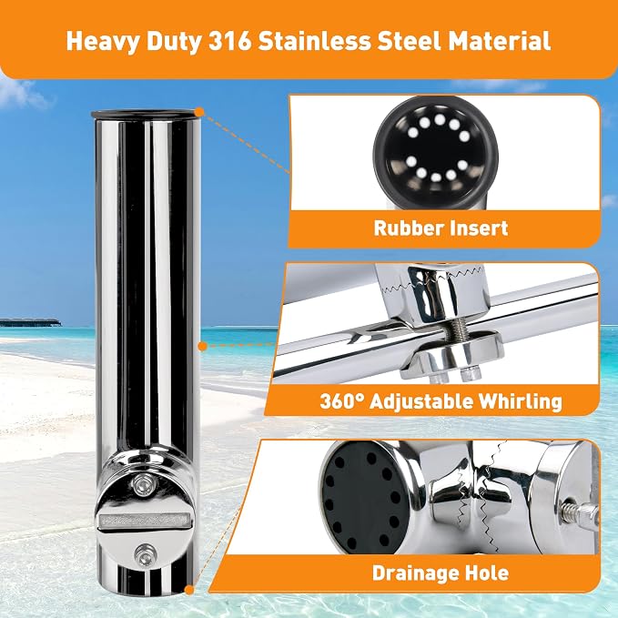 2 Pack Fishing Rod Holders for Boat Rail Mount, Stainless Steel Clamp on Rod Holder for Marine Boat, Fishing Boat, Pontoon, Jon Boat