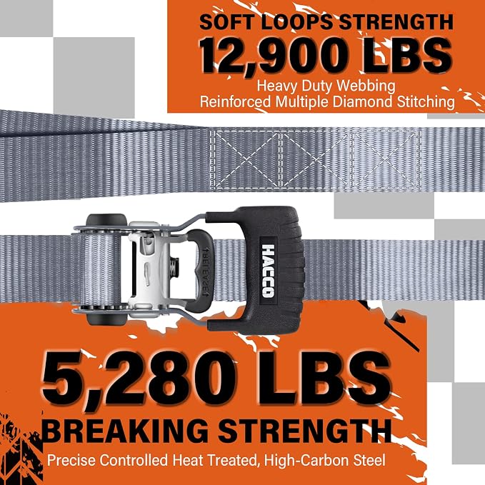 HACCOPLANET Ratchet Straps, 5280lb Break Strengeth, 1.6" Heavy Duty Ratchet Tie Down Strap Set w/Padded Handle, S Hook, Soft Loop for UTV Motorcycle Truck Cargo Straps (Grey, 16FT)