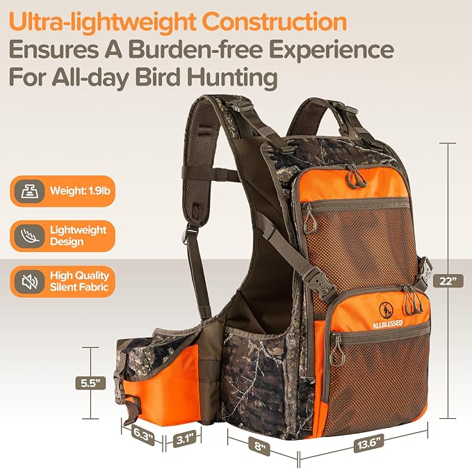 Upland Hunting Vest Backpack - Durable Orange Camo Game Vest with Multiple Pockets, Adjustable Fit, Bird Hunting Vest for Men