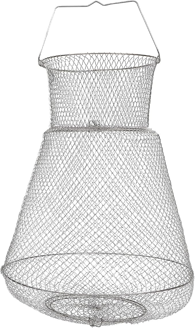 Extra Large Wire Fish Basket, 28X18 inches Fishing Net Cage Collapsible, Crabs Basket Trap Holder for Live Caught Fish, for Seawater, River, and Boat Fishing, Stainless Steel Galvanized, Silver