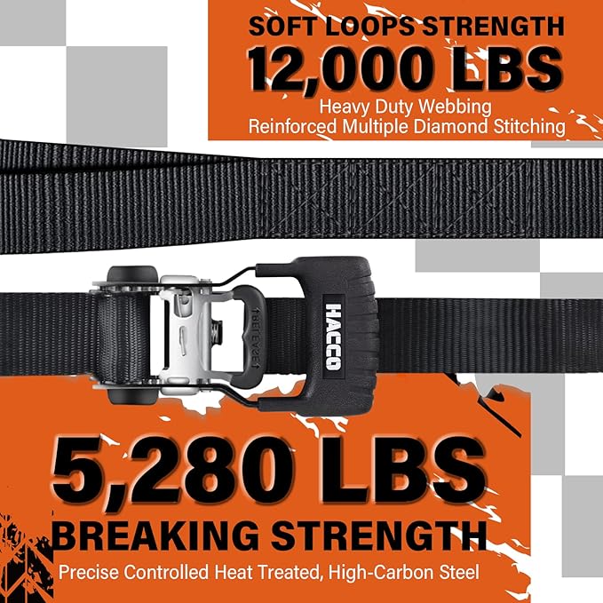 HACCOPLANET Ratchet Straps, 5280lb Break Strengeth, 1.6" Heavy Duty Ratchet Tie Down Strap Set w/Padded Handle, S Hook, Soft Loop for UTV Motorcycle Truck Cargo Straps (Black, 16FT)