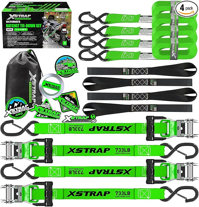 XSTRAP STANDARD 4PK Motorcycle Ratchet Straps, 1" x 15ft, 2,200 lbs Break Strength Tie Down Straps with Safety Lock S-Hooks, Soft Loop Straps and Stickers for Trucks, Cargo, Moving (Green)