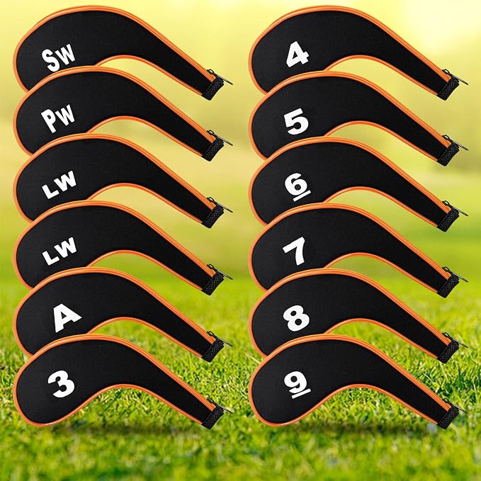 Golf Club 12pcs Thick Synthetic Zipper Long Neck Set Headcover Fit The Most Brands, Side Number Golf Iron Club Head Cover LW SW PW Covers #3,4,5,6,7,8,9