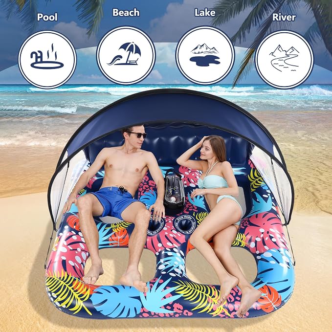 2-Person Inflatable Pool Floats Adult Heavy Duty, 71" x 61" Pool Lounger Float with Cup Holders & Backrest & Removable Insulated Cooler, Thickened Swimming Raft for Pool Party, Lake, Beach, River