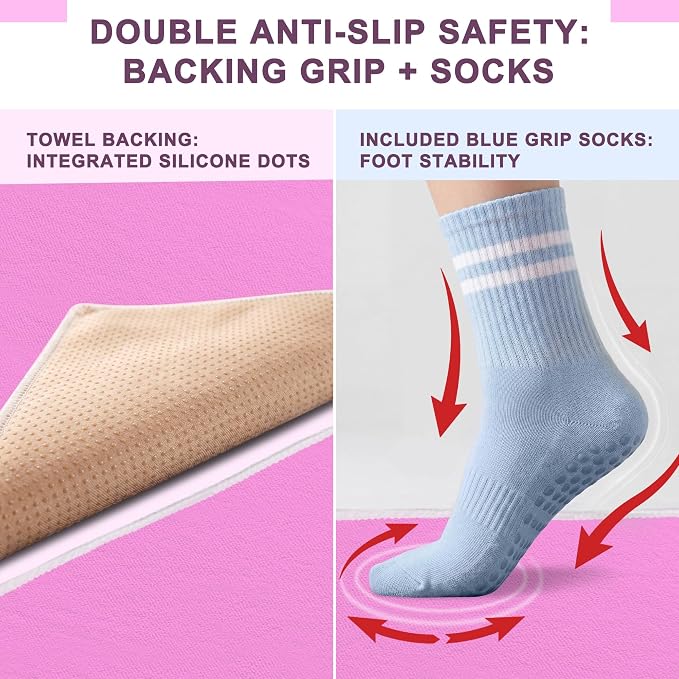 Upgraded Yoga Mat Towel with Bonus Grip Socks, Orchid Purple | Elegant Embroidered, 1-Second Sweat Absorption & Non-Slip | Machine Washable Microfiber | Hot Yoga, Pilates | 73''*27.6''