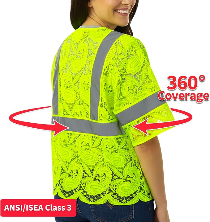 Lace-Mesh Safety Vest for Women & Men - Breathable, High Visibility Vest with Zipper & ANSI Class 2 Reflective Strips