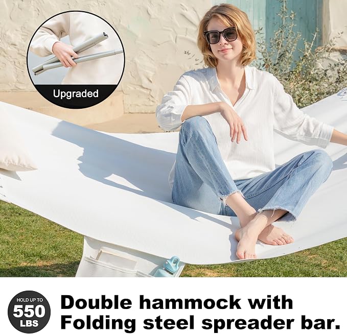GAFETE 14ft 2 Person Hammock for Outside, Quick Dry Textilene, Portable Hammocks Without Stand with Folding Steel Spreader Bar, Carrying Bag, Tree Straps, Pillow & Sidebag, 550 lbs Capacity (White)