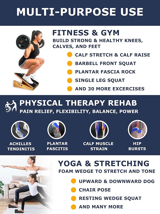 BAM Athletica's Physical Therapy Slant Board for Calf Stretching, Injury Recovery & Fitness | Adjustable Calf Stretcher Incline Board for Plantar Fasciitis Relief, Achilles Rehab, Squats & Exercise