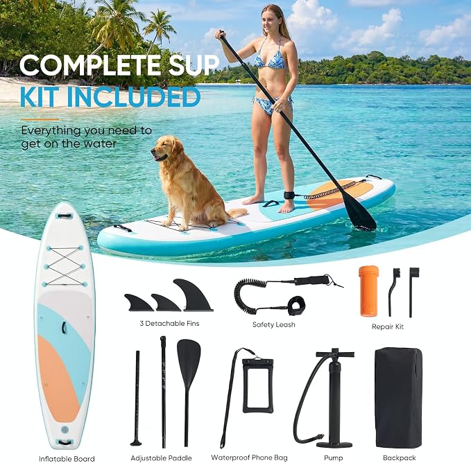 Inflatable Stand Up Paddle Board 10'6" x 33" x 6", 350 LBS Capacity Beginner-Friendly SUP Board with Paddle, Pump, Backpack, Leash, Waterproof Phone Bag and 3 Fins for Lake, Ocean or River Fun