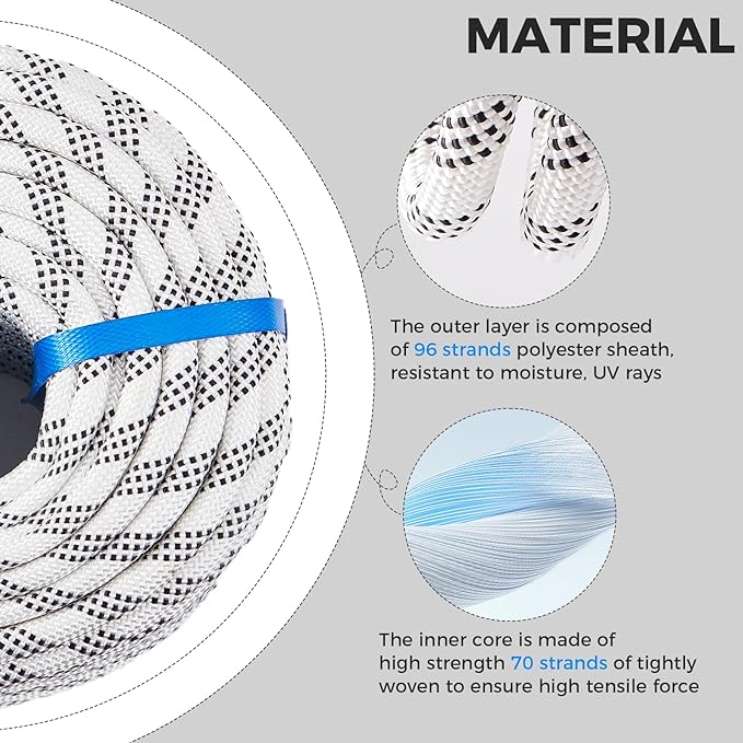 1/2 Inch 200ft Double Braided Polyester Arborist Rope, Heavy Duty Nylon Rope for Anchor, Tree Work, Cargo, Pulling, Sailing(White)