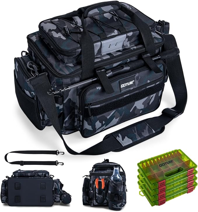 Goture Fishing Tackle Bag with 4PCS 3600 Tackle Boxes | 600D Water-Resistant, Rod Straps, Detachable Bottle Pouch,Waterproof Bottom, Freshwater & Saltwater Gear Storage Fishing Bag