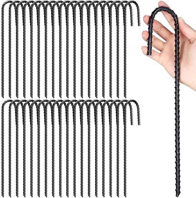 Sadnyy 36 Pack 12 Inch Heavy Duty Rebar Stakes J Hook Ground Anchors - Black Steel Chain Link Fence Stakes for Garden, Trampoline, Tent, Swing Set & Outdoor Anchors with Chisel Point