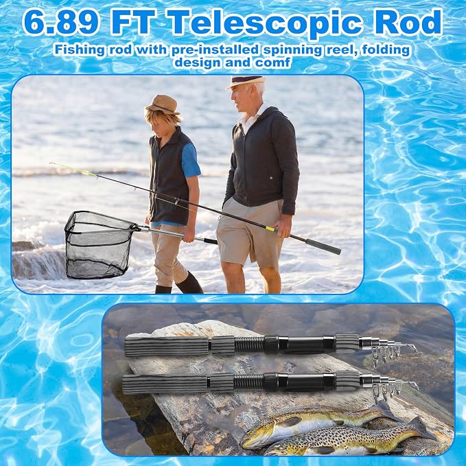 51 Pcs Fishing Rods Combo 6.89ft Telescopic Freshwater Pole Set with Plier Lip Gripper Lures Carrier Bag Pre Loaded Spinning Reel with Freshwater Rod Reel Kit Father Men Gift