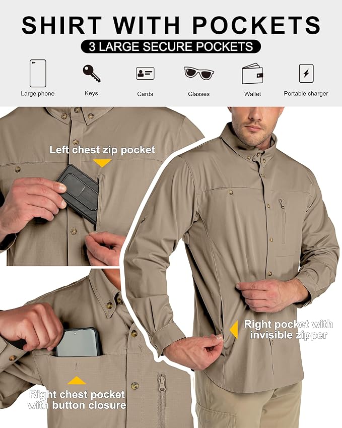 33,000ft Men's UPF 50+ UV Protection Long Sleeve Hiking Shirts Breathable Quick Dry Fishing Shirts for Safari, Outdoor