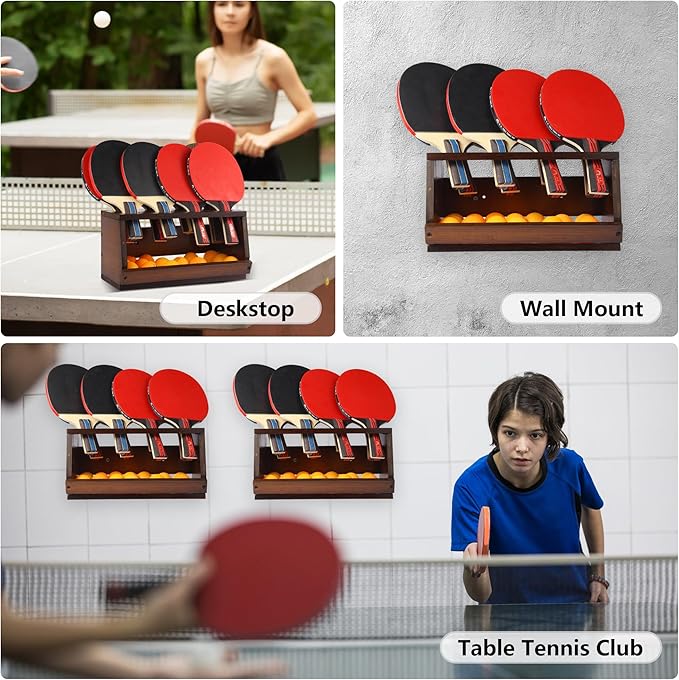 Ping Pong Paddle Holder Wall Mount & Desktop 2-in-1,Table Tennis Racket Display Organizer Holds 8 Rackets, Ping Pong Paddle Storage Rack in Game Room, Man Cave, Office, Home