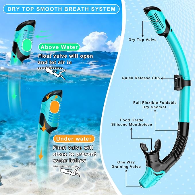 Snorkeling Gear for Adults, Mask Fin Snorkel Set, Dry Top Snorkel Mask, Panoramic View Anti-Leak Anti-Fog 3 in 1 Snorkeling Kit Travel Diving Package with Storage Bag