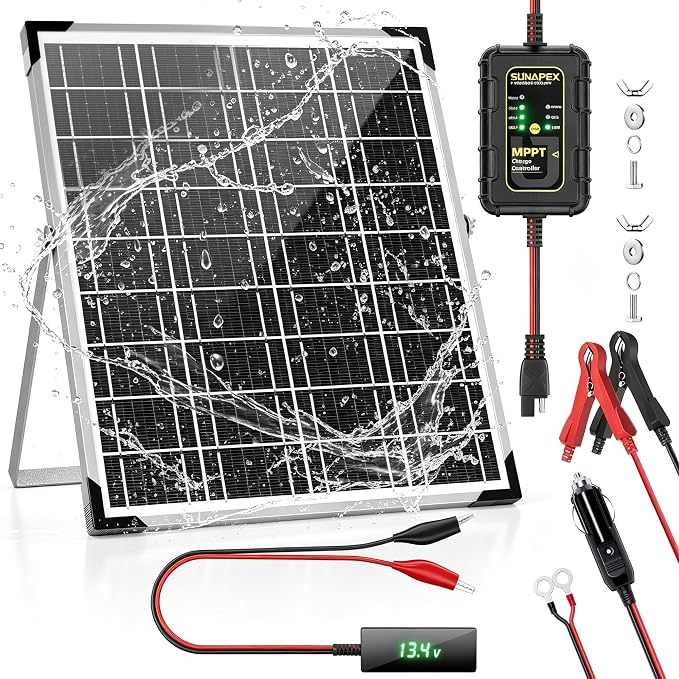 SUNAPEX 12V Solar Battery Charger with LCD Voltage Tester - 15W Solar Battery Trickle Charger with Smart MPPT Controller- Waterproof Solar Battery Maintainer for Boat Marine RV Trailer Truck