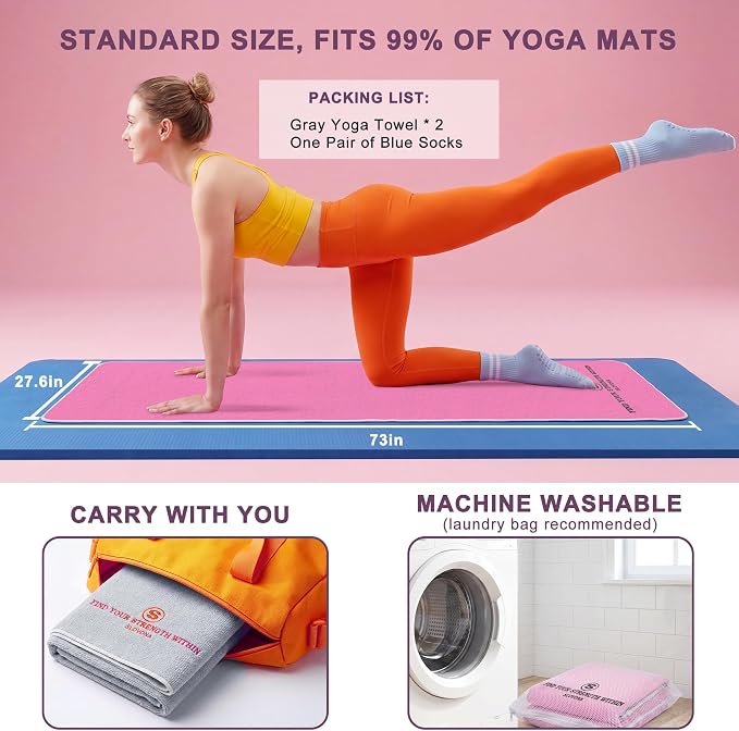 2 Pack Upgraded Yoga Mat Towel with Bonus Grip Socks Elegant Embroidered, 1-Second Sweat Absorption & Non-Slip | Machine Washable Microfiber | Hot Yoga, Pilates | 73''*27.6''| Gray+Pink