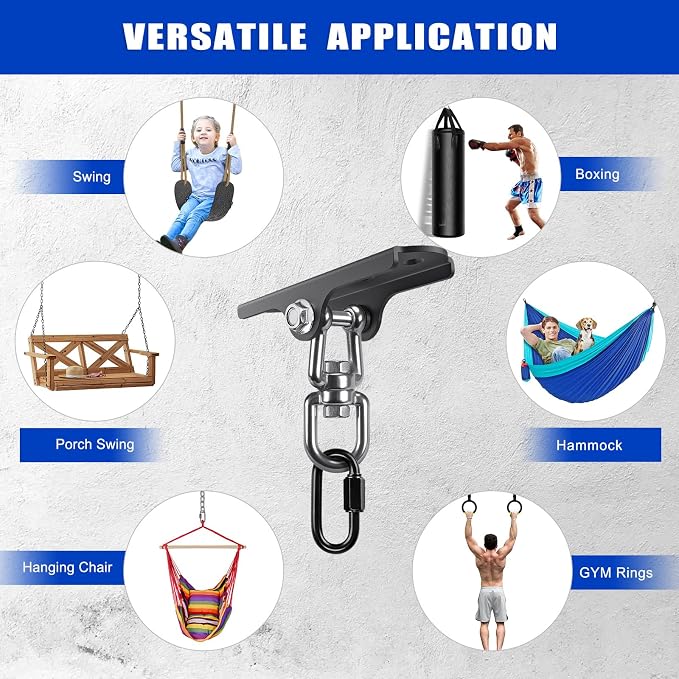 Dolibest Heavy Duty Swing Hanger,Ceiling Mount Swing Hook,One-Piece Design Base, Swing Set Hardware for Punching Bag, Boxing, Hammock Chair, Yoga Swing, Porch Swing (360° +180° Rotation)