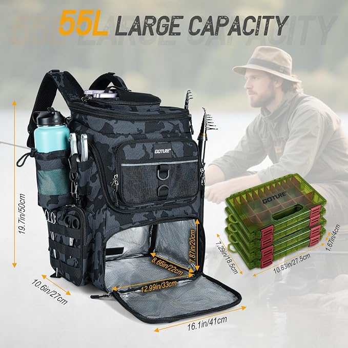 Goture Fishing Backpack with 4 Tackle Boxes, 900D Water-Resistant Tackle Backpack with Rod Holders,Insulated Cooler Compartment, 55L Large Capacity Fishing Gear Storage Bag for Saltwater & Freshwater