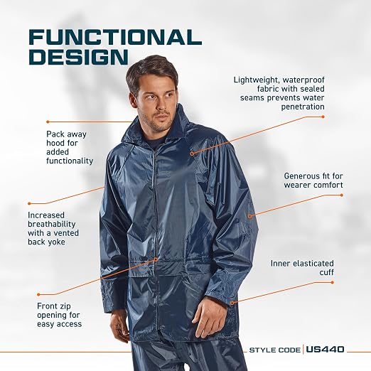 Portwest US440 Classic Waterproof Rain Jacket wth Pack Away Hood & Sealed Seams, Yellow, XXL