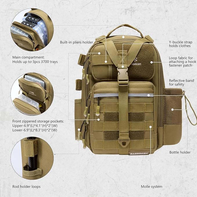 BASSDASH Convertible Fishing Backpack Sling Bag with Rod Holder, Adjustable Tactical Water-Resistant Tackle Storage Pack FP07