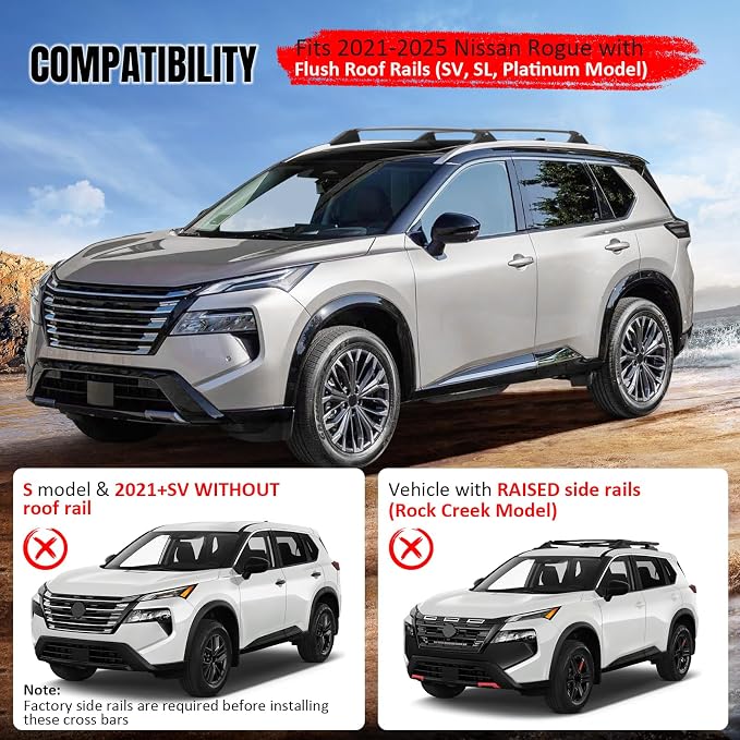 IKON MOTORSPORTS Lockable Roof Rack Cross Bars Compatible with 2021-2026 Nissan Rogue (Not Fit Rock Creek Model), Aluminum Black Anti-Theft Lock Crossbars with Key (Factory Side Rails Required)