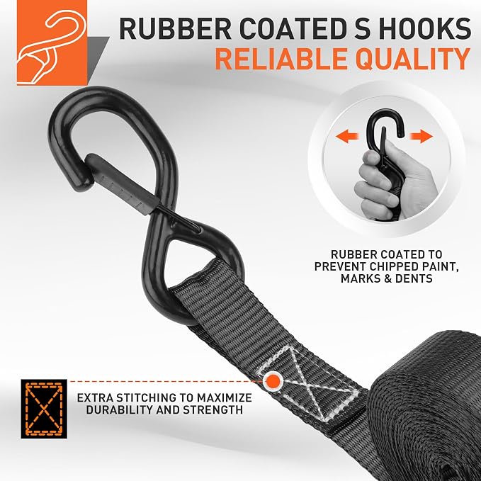 HORUSDY Ratchet Straps Heavy Duty, Tie Down Straps Ratchet Set, 2200 LB Break Strength, Safety Lock S Hooks, Best for Moving, Securing Cargo, Kayaks, Mountain (4 Pack，Black)