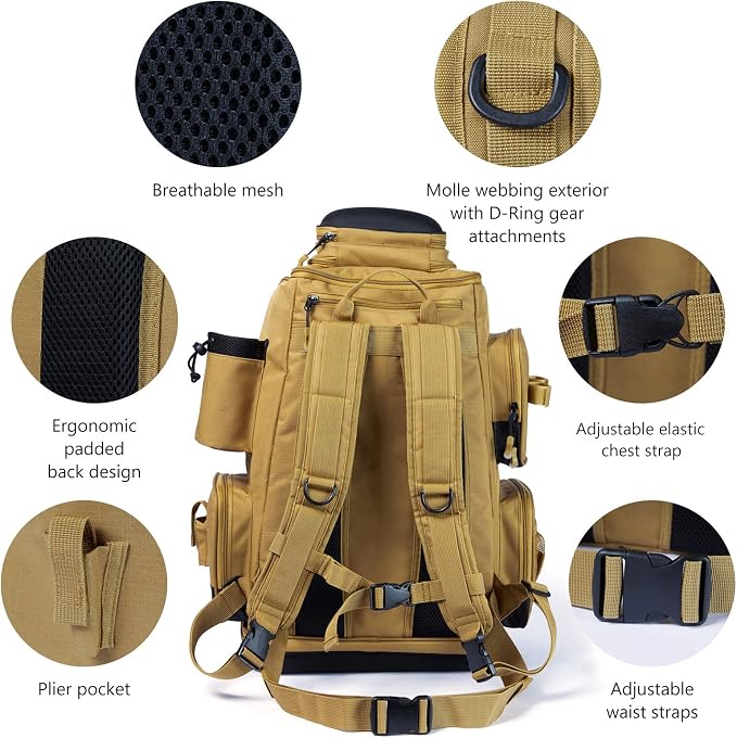 BASSDASH Fishing Tackle Backpack Water Resistant Tactical Bag Soft Tackle Box with Rod Holder and Protective Rain Cover