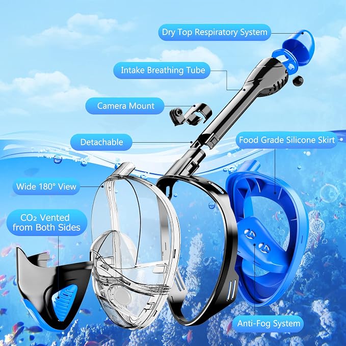 Full Face Snorkel Mask for Adults Teen, Snorkeling Gear with Detachable Camera Mount, Panoramic 180° View, Anti-Fog Anti-Leak Snorkling Set for Man and Women