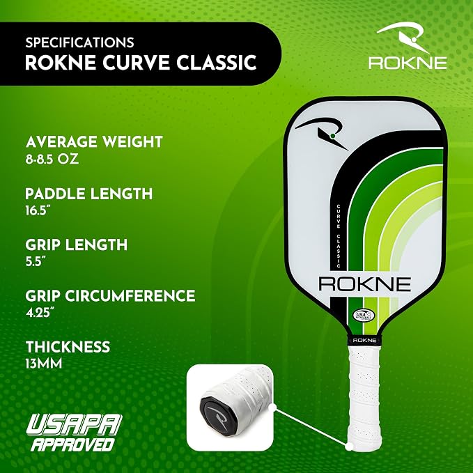 ROKNE Curve Classic Pickleball Paddle | USAPA Approved Fiberglass Pickleball Paddles | Precision Engineering & Comfort | ProGrit Texture for Max Spin & Power | Paddle