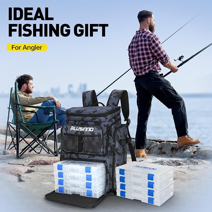 PLUSINNO Fishing Tackle Backpack with Rod Holders，42L Water-resistant Fishing Bag Store Fishing Gear, Fisher Gifts For Men.
