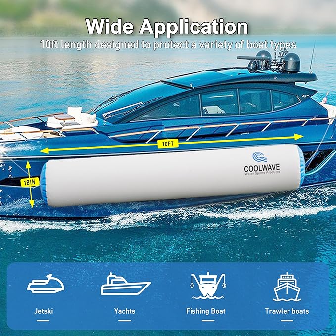 COOLWAVE 6FT/10FT Inflatable Boat Fenders, Upgraded Inflatable Boat Bumper for Docking, Heavy Duty Dock Fender with Storage Bag, Dock Bumper for Fishing Boats, Jet Skis, Yachts, 1Pack