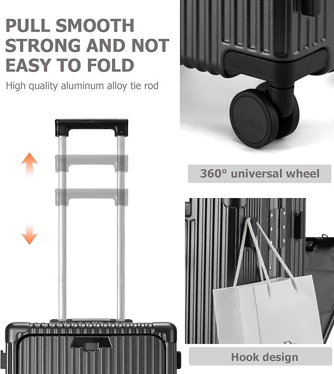 feilario Aluminium Frame PC Hard Shell Spinner Wheels Luggage,20.8"X15"X8.7 Airline Approved Built-In TSA lock Carry on Suitcase, with Cup Holder, USB Port, Phone Holder