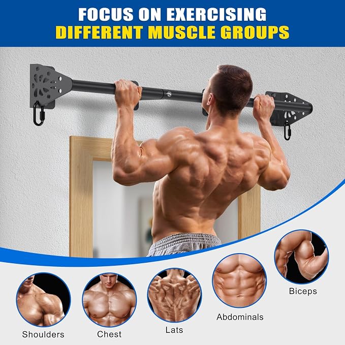 Kipika Wall Mounted Pull Up Bar - Heavy Duty 450 LB Capacity Doorway Chin Up Bar for Home Gym, Sturdy Steel Construction with Resistance Band Hooks | Hanging Exercise Bar for Full Body Workout