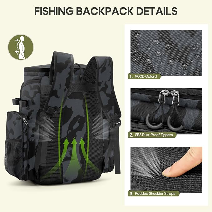RAINSMORE Fishing Backpack, 45L Large Fishing Bag with 4 Rod Holders & Insulated Cooler Professional Fishing Tackle Backpack with Rain Cover Waterproof Tackle Bag for Men Gift, Black Camouflage