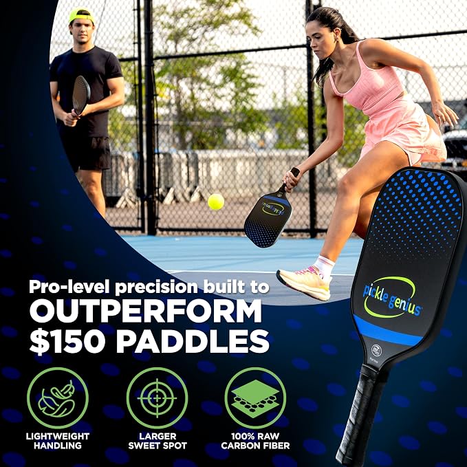Pickle Genius 13mm Quiet Pickleball Paddle – 8oz USAPA Approved Carbon Fiber with Grit – Pickleball Racket for Adults – Honeycomb Core Vibration Dampening for Spin, Control & Tennis Elbow Relief