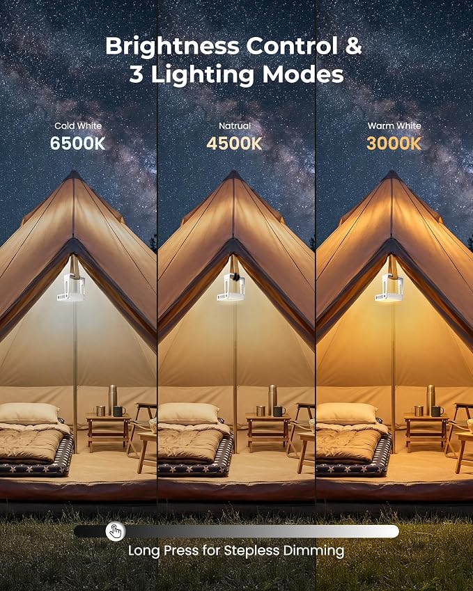 3 Pack Portable Camping Lantern, 4000mAh Dimmable LED Camping Light Flashlight with 360° Stand, 3 Color Modes, Rechargeable Lamp for Power Cuts, 2-in-1 Emergency Lamps for Home Power Outages, White