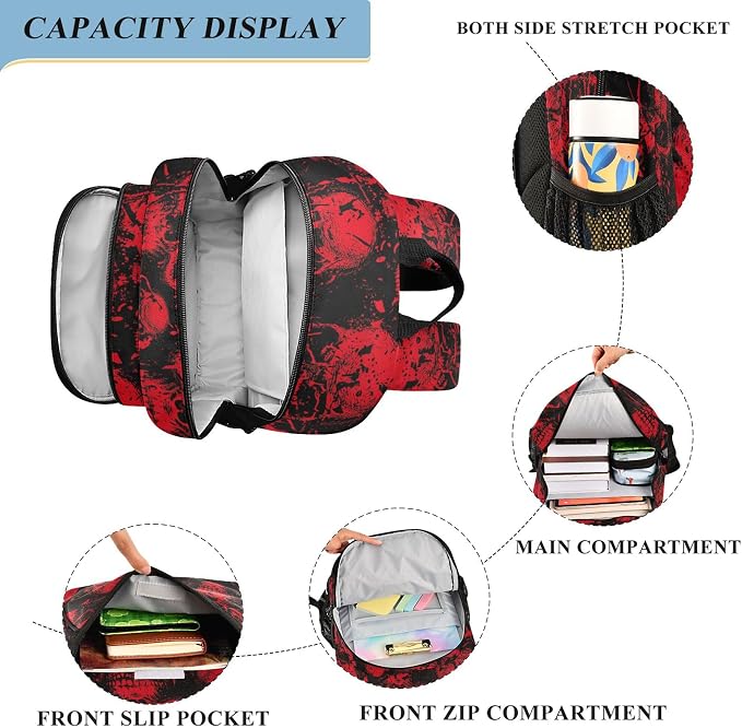 Fisyme Red Skull School Backpack Laptop Backpack Bags Bookbag Travel Casual Computer Notebooks Daypack