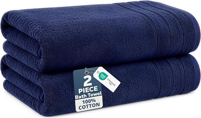 Casa Platino 100% Cotton 2 Pack Bath Towels (30"x60") - Ring Spun Mercerized Cotton Towels Set for Bathroom - Quick Dry, Soft & Absorbent Large Bath Towel Set - Dorm Essentials for Boys - Navy Blue
