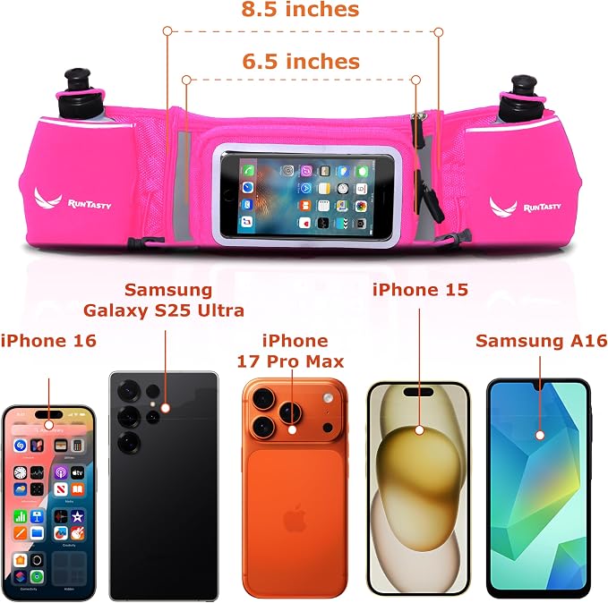 No.1 Hydration Belt by Runtasty - Premium Running Fuel Belt w/2 BPA-Free 10 oz Water Bottles, Tilt-Up Pocket w/Touchscreen-Ready Cover - Fits All iPhones, Runners Ebook & No-Bounce Design