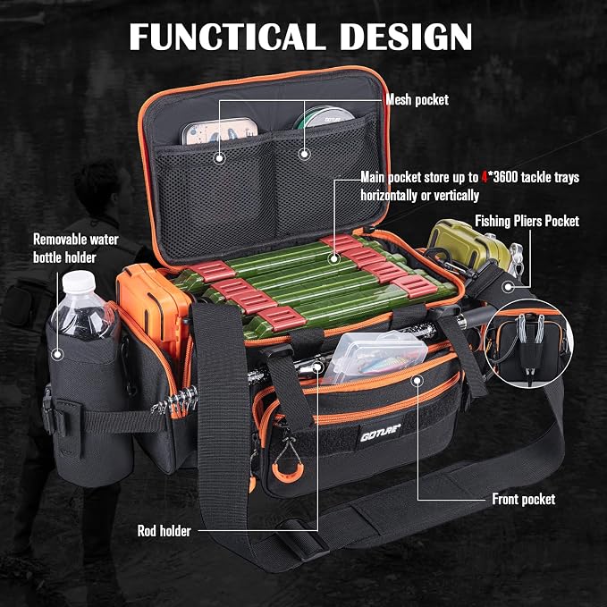 Goture Fishing Tackle Bag with 4 Tackle Boxes, Soft Side 600D Water-Resistant Cross Body Sling Fishing Bag with Rod Holder, Small Saltwater Gear Storage Tactical Bags, Gifts for Men/Women