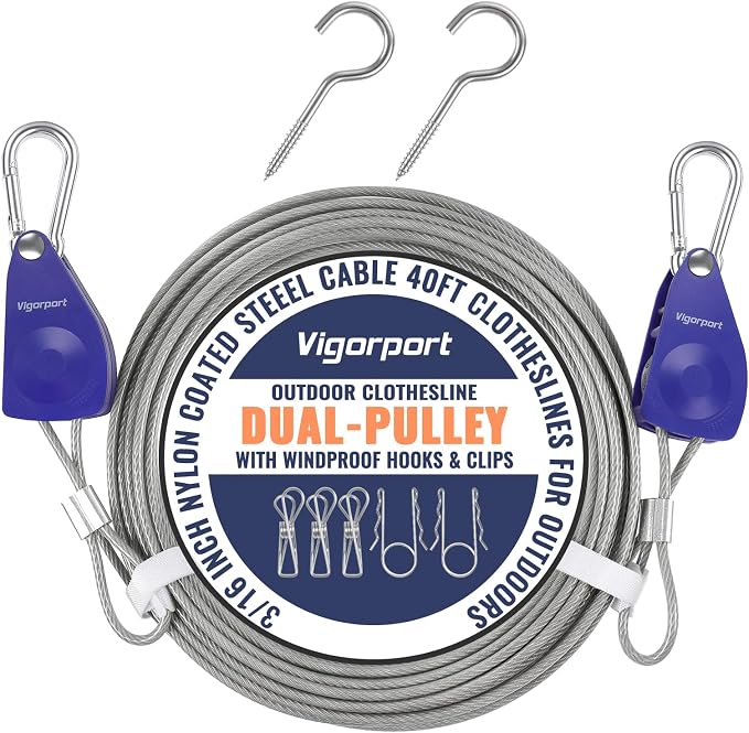 Vigorport Retractable Clothesline Outdoors 3/16" Wire Rope Nylon Coating | Heavy Duty Clothes Line with Blue Dual-Pulley & Clips, Travel Laundry Line, Drying Cable Rope for Outdoor Camping RV Backyard
