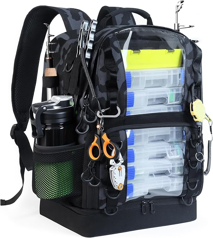 Fishing Tackle Backpack with Cooler,45L Large Tackle Bag with 2 Rod Holders & Clear Window,Outdoor Fishing Backpack for Fishing,Camping,Hiking,Camouflage Black