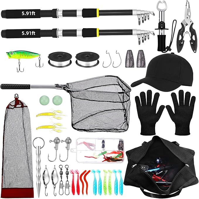 Telescopic Fishing Rod and Reel Combo 2 Pcs Collapsible Fishing Pole Kit with Plier Lip Gripper Lures Carrier Bag Pre-Loaded Spinning Reel for Beginner Men Travel Saltwater Freshwater