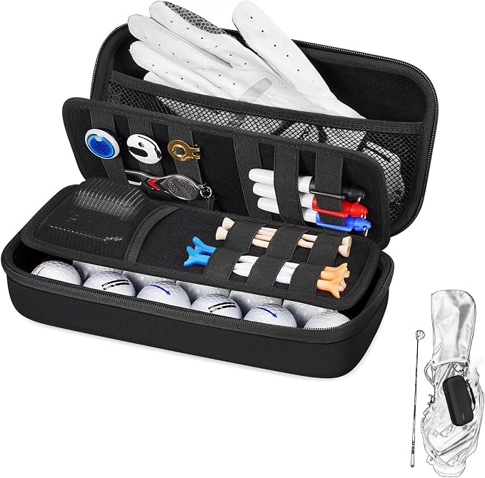 SENIKO Golf Glove Holder with Removable Golf Glove Shaper Water-Resistant Protective Hard Shell golf bag holder for Phone,Tees, Ball Markers,Repair Tools,Golf Accessories Golf Gifts for Men (Black)