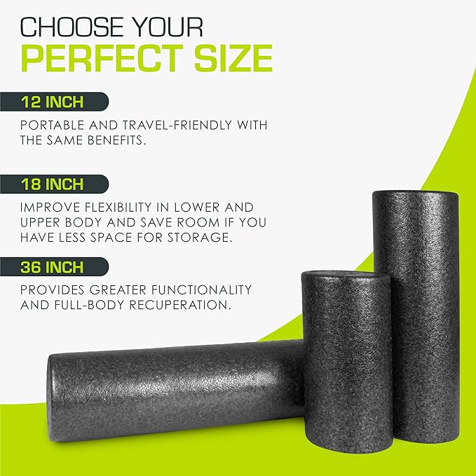 ProsourceFit High Density Foam Rollers 12 - inches long, Firm Full Body Athletic Massage Tool for Back Stretching, Yoga, Pilates, Post Workout Muscle Recuperation, Black
