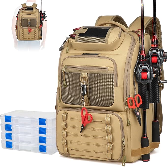 Fishing Tackle Backpack,Tackle Bag with 2 Rod Holders & 4 Tackle Boxes,Water-Resistant Large Storage Fishing Gear and Equipment, Fisher Gifts for Men, Khaki
