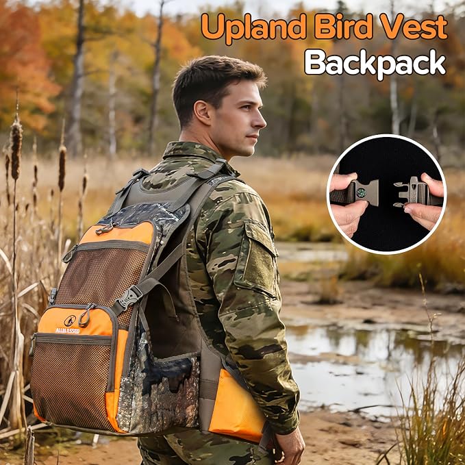 Upland Hunting Vest Backpack - Durable Orange Camo Game Vest with Multiple Pockets, Adjustable Fit, Bird Hunting Vest for Men