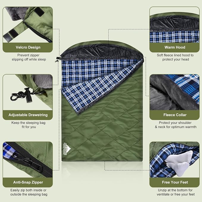Cotton Flannel Double Sleeping Bag with Fleece Lined Hood, Waterproof Queen Size 2 Person Sleeping Bag for Adults Cold Weather Camping Backpacking or Hiking, 3-4season